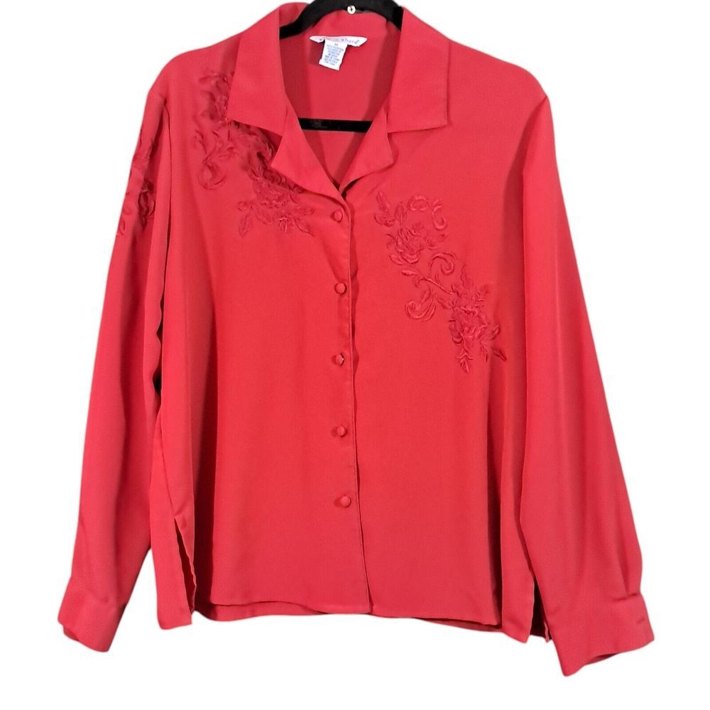 Ship n Shore Shirt Womens 14 Red Embroidered Grandma Career Work Office Elevated